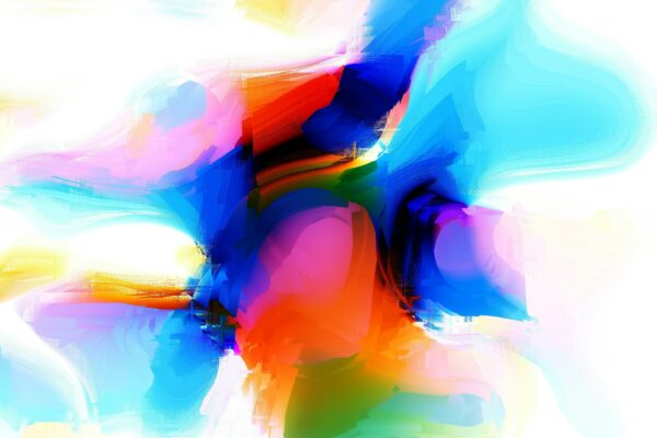 Abstract organic shape featuring washes of saturated colors.